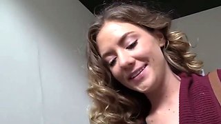 Brunette woman gets a big black cock at a glory hole
