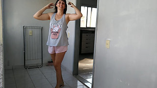 Naked wife touching herself on the balcony