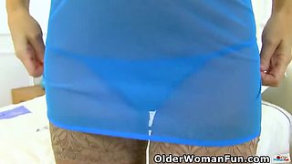 Hairy MILF French Chloe Wears Tiny Blue Thong and Shows Her Muff
