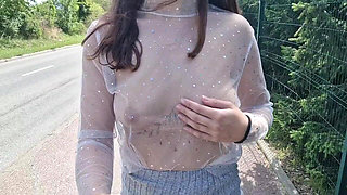 I Walk Around the City in a Transparent T-shirt and Flash My Breasts Outdoor