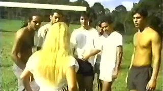 Beautiful and hot blonde with a big tail moaning and cumming, giving her pussy and very tasty spit in the gangbang: Porn