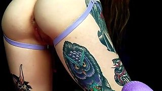 Brunette babe pleasures herself with huge dildo reaching squirting ecstasy
