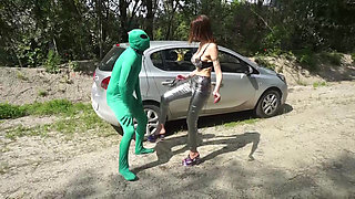 Suited slave gets punished outdoor from femdom chick