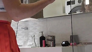 Hot Redhead Real Wife Wearing a Sexy Fishnet Stockings with a Short Miniskirt Flashes Pussy and Her Big Ass