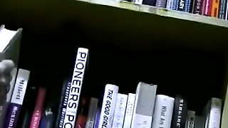 Magic Wand Held on Her Clit by the Bookcase - Girlfriend in Glasses and Stockings Cannot Sit Still