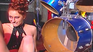 Drooling Deepthroat Slut Gets Pussy Fingered in Band Orgy