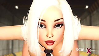 Sci-fi BDSM in the bunker with a sexy young cuffed blonde with many boobs - Big tits