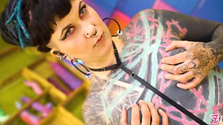 Punk queen taunts little boobs & nipples then takes aggressive doggystyle, dripping facial
