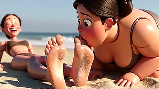 Fat Woman Licking Sandy Feet of Skinny Girl - Beach Humiliation