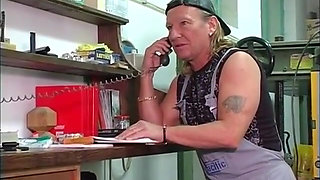 Horny Fuck Pig in Red Lingerie Fucks a Craftsman in the Workshop