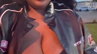 Huge tits outside almost caught+ walking around