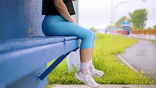 156 Goddess Anya’s Tight Blue Leggings: Provocative Yoga Pants Ass Show