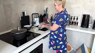 Mature Blonde Stepmom Sucks Cock in the Kitchen