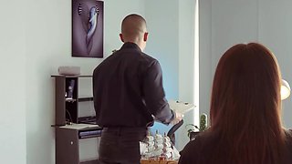 Hot Latina redhead secretary getting fucked on an office desk in ripped pantyhose