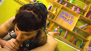 Goth queen teases petite melons & nips then takes aggressive doggystyle, cascading facial