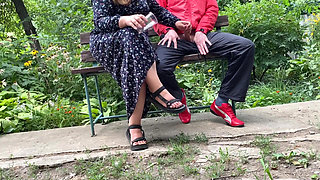 Mature stepmom milks my dick outdoors in the park