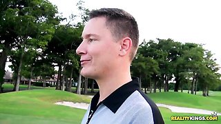 Locker room threesome with two guys and a hot brunette Adriana