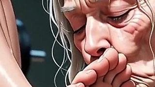 Elderly Granny Worshipping Muscular Domme Feet in Gym