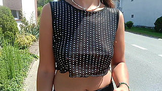 Walking Down the Street in a See-through Blouse Public Flashing of Tits and Pussy