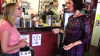 Coffee Shop Pickup - Tattooed Babe and a Blonde Play with a Wand and a Blue Toy
