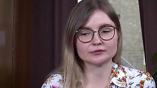 German glasses babe plays with fucktoys for a solo