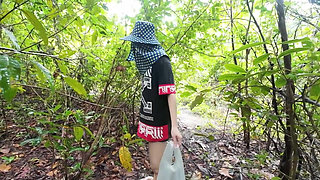 Thai Girl Walking Showing Along the Side of the Field Road in the Countryside Thai Outdoor Public