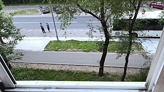 Blonde Mature Woman Gives Amazing Balcony Blowjob and Swallows Cum
