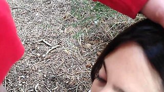 Brunette cutie meets a stranger in the woods for intense outdoor blowjob and rough doggystyle