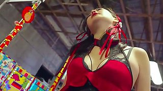 Brunette in crimson undergarments likes doggystyle at arcade