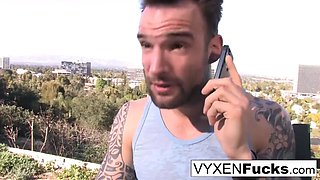 Vyxen Steel lets him cum on her huge tits