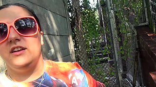 Short and thick brunette outdoor pissing and public flashing