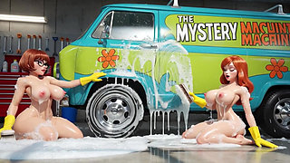 Velma and Daphne Enjoy a Sensual Soapy Nude Car Wash Cleaning the Classic Mystery Machine Van Thoroughly
