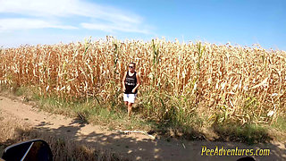 Pee in A Corn Field and Wet Her Skirt - Changing Her Wet Clothes Outdoor and Preparing for Another Pee Standing
