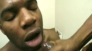 Muscular Black Men Oral Session in Cluttered Room