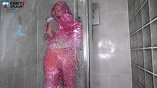 Slippery Pink Pvc Shower Tease: Soaked and Squeaky Fun
