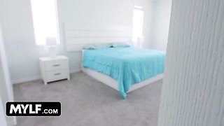 Alluring fit stepmother gives her nasty son-in-law a morning blowjob for his birthday