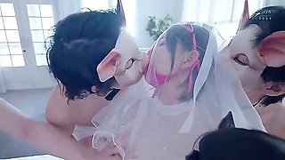 A beautiful woman with big breasts wearing panties over her head is fucked by men and has bukkake on her face.