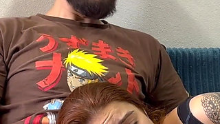 Redhead Roommate Sucks Quietly on Her Lap and Gets Thick Cum on Her Face