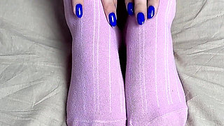 Pink Socks in Hands of Mistress with Blue Nails in Solo Video