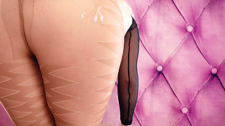 Pantyhose fetish femdom dirty talk, cuckold and CEI sexy point of view POV video squirt masturbation