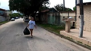 Homeless lady exposés her chest for canned goods