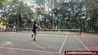 Rafaela and Igor are taking their Strip Tennis match outside
